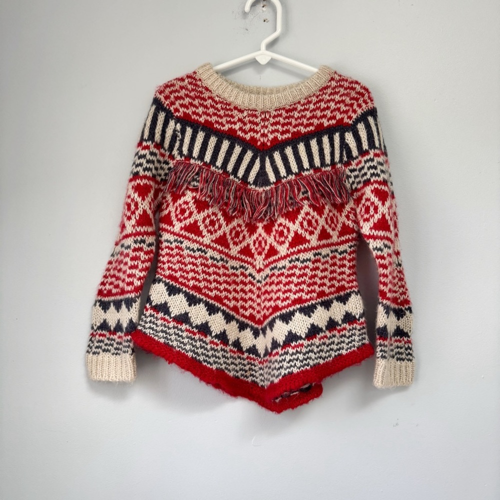 Mayoral Girl’s Red Nordic Fringe Pullover Sweater Fair Isle Cozy Size 5 Years